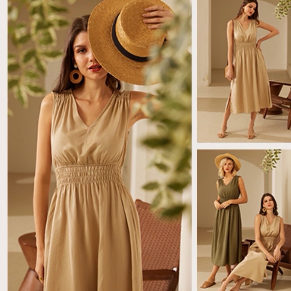 Grace Karin Sleeveless V-Neck Tan Dress Linen Blend. Size XL. EUC